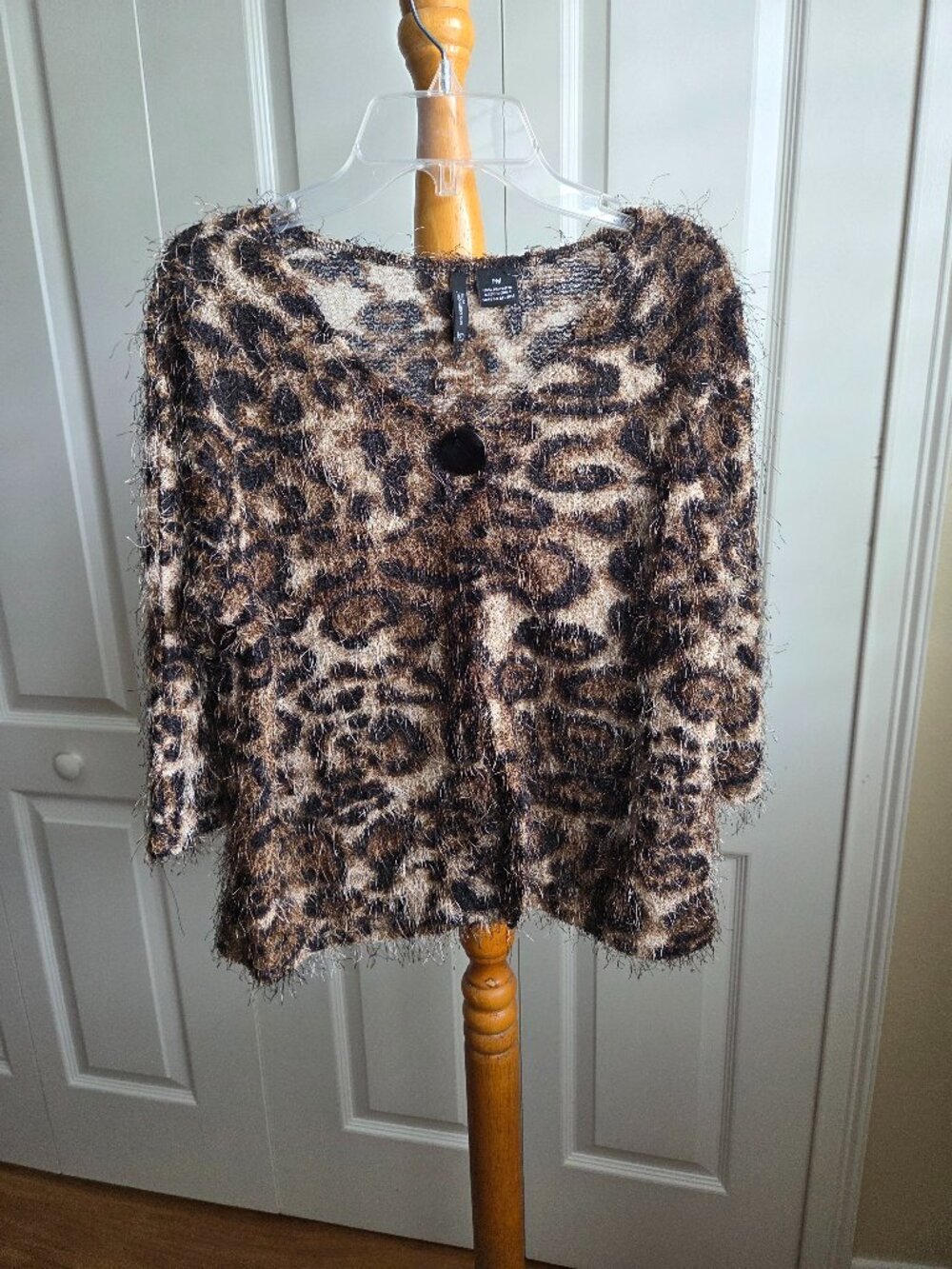 New Directions‎ Womens PM Leopard Print Fuzzy Eyelash Cardigan Sweater Brown